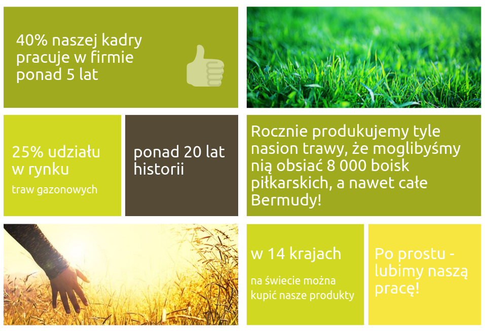 Zdjęcia z podpisami: 40% naszej kadry pracuje w firmie od Ponad 5 lat. Rocznie produkujemy tyle nasion trawy, że moglibyśmy obsiać 8 000 boisk piłkarskich, a nawet całe bermudy. Nasze nasiona można kupić w 14 krajów na świecie. Ponad 20 lat historii. Po prostu - lubimy naszą pracę.